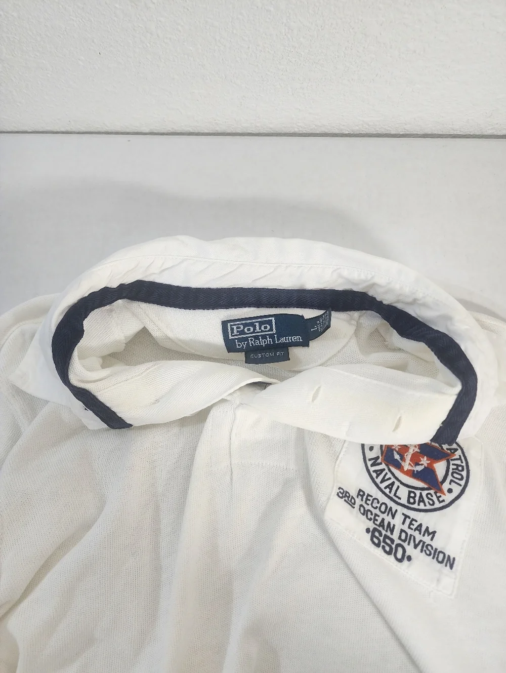 Ralph Lauren Men Vintage Naval Patch Polo Shirt White Long Sleeve Custom Fit L